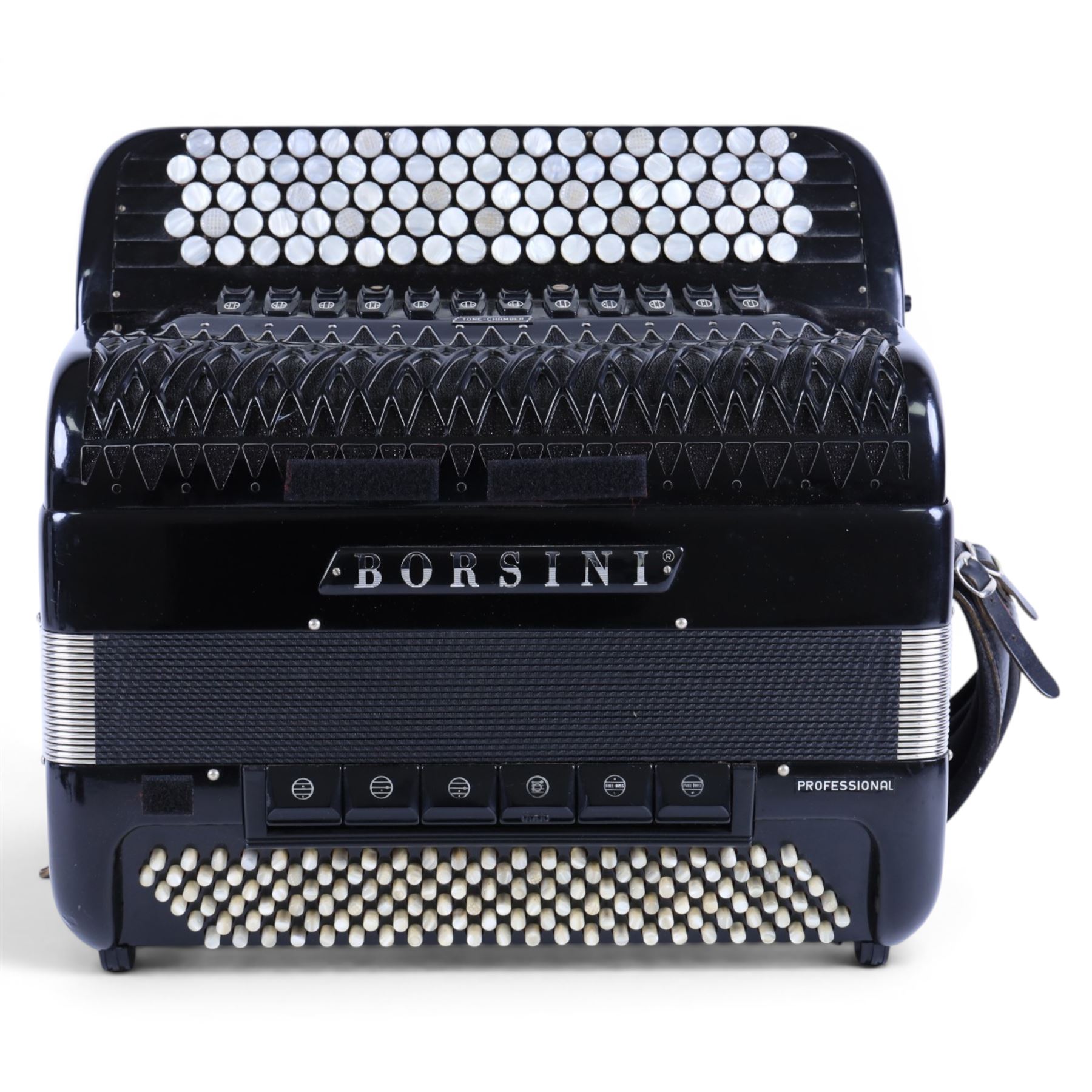 Borsini Professional 5-Row Chromatic button accordion, with 92 white pearlescent chromatic buttons and 136 bass buttons, possibly a custom model, in black high gloss case, with carry strap and original hard carrycase