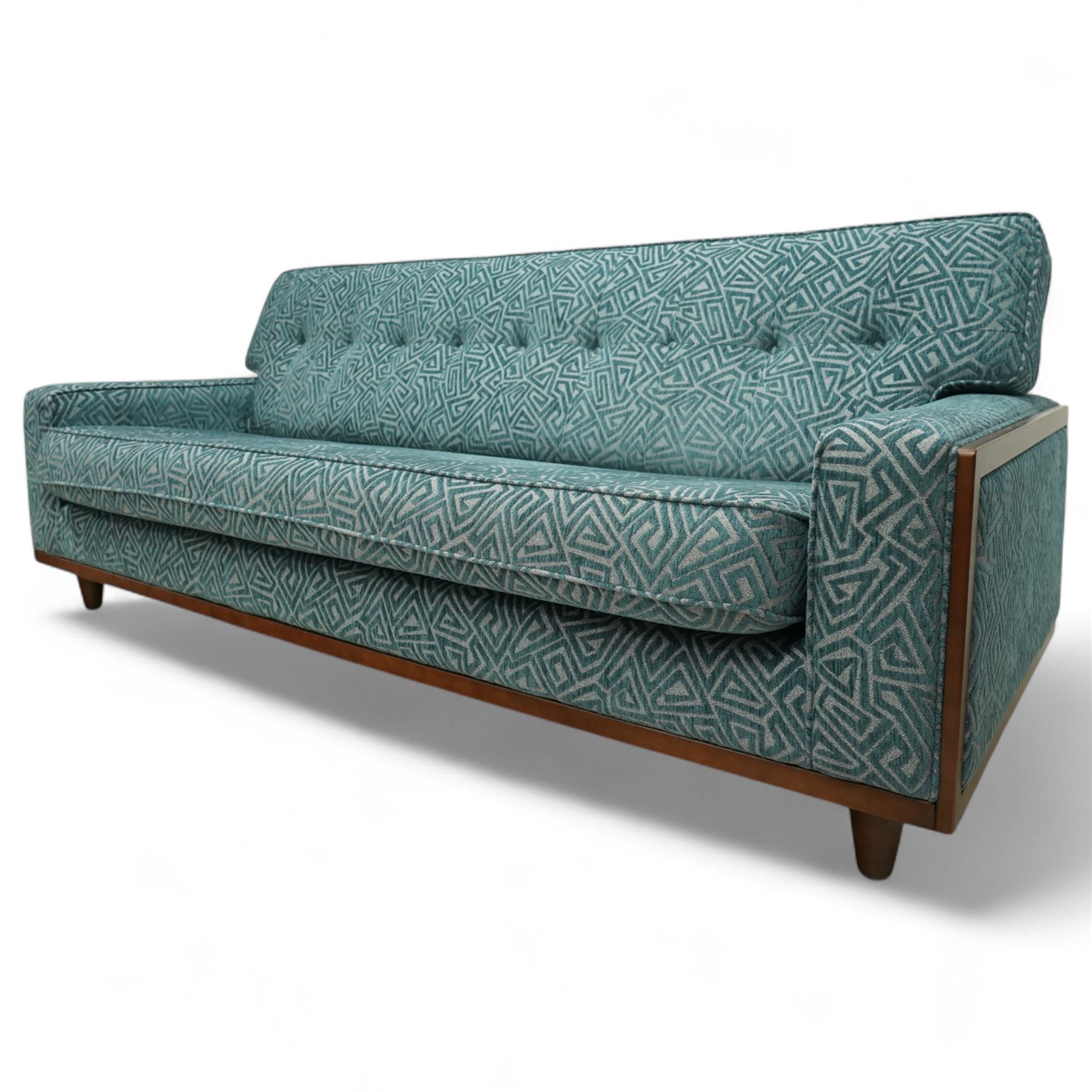 G-Plan Vintage - Contemporary unused Agatha 3 seater sofa, upholstered in G insignia fabric cushion seat and back cushion, rectangular side frame and matching fabric footstool, and additional unused seat cushion