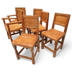 Gnomeman - set of six (4+2) oak dining chairs with panelled backs, by Thomas Whittaker, Littlebeck, Whitby