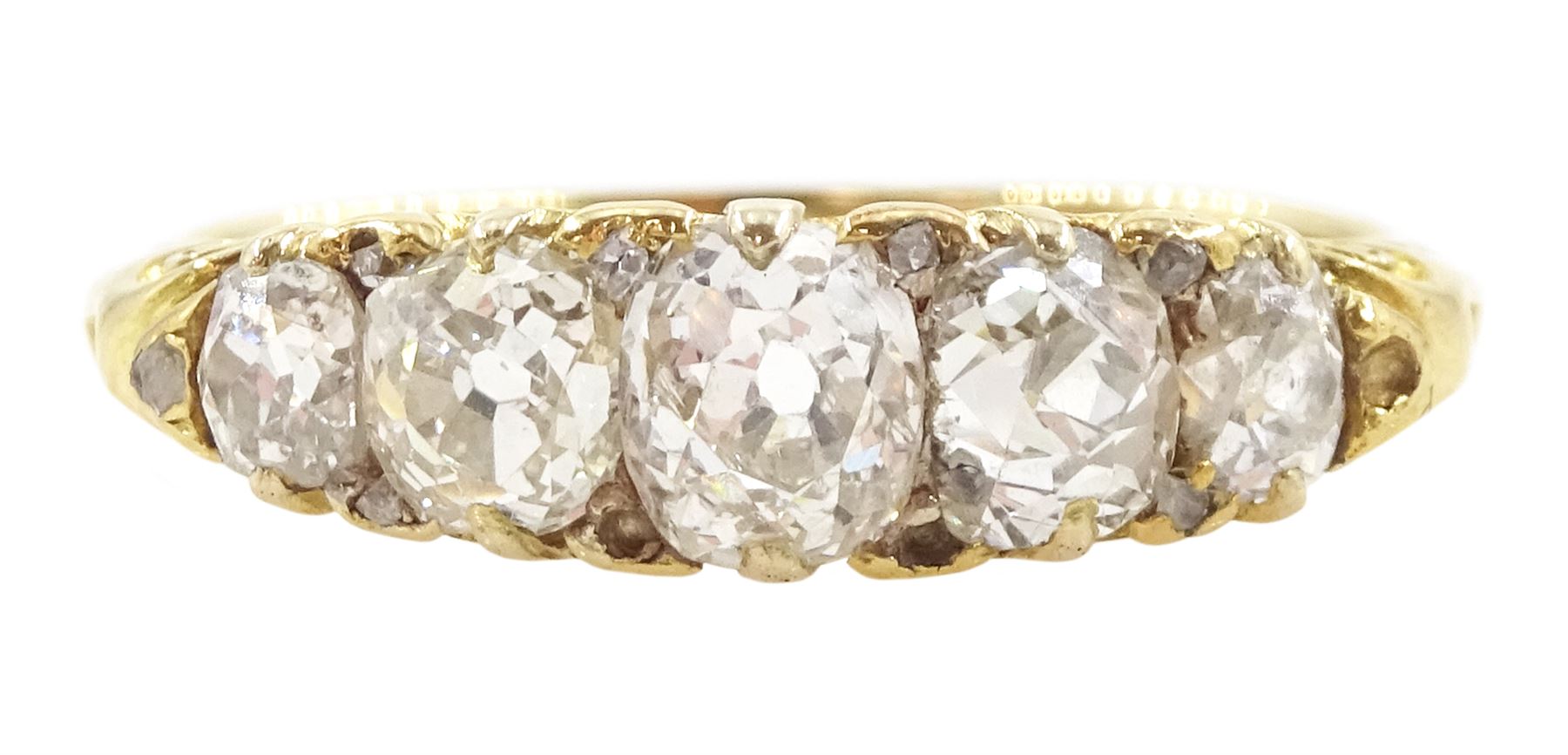 19th / early 20th century 18ct gold five stone old cut diamond ring, with diamond accents set between, total diamond weight approx 1.45 carat