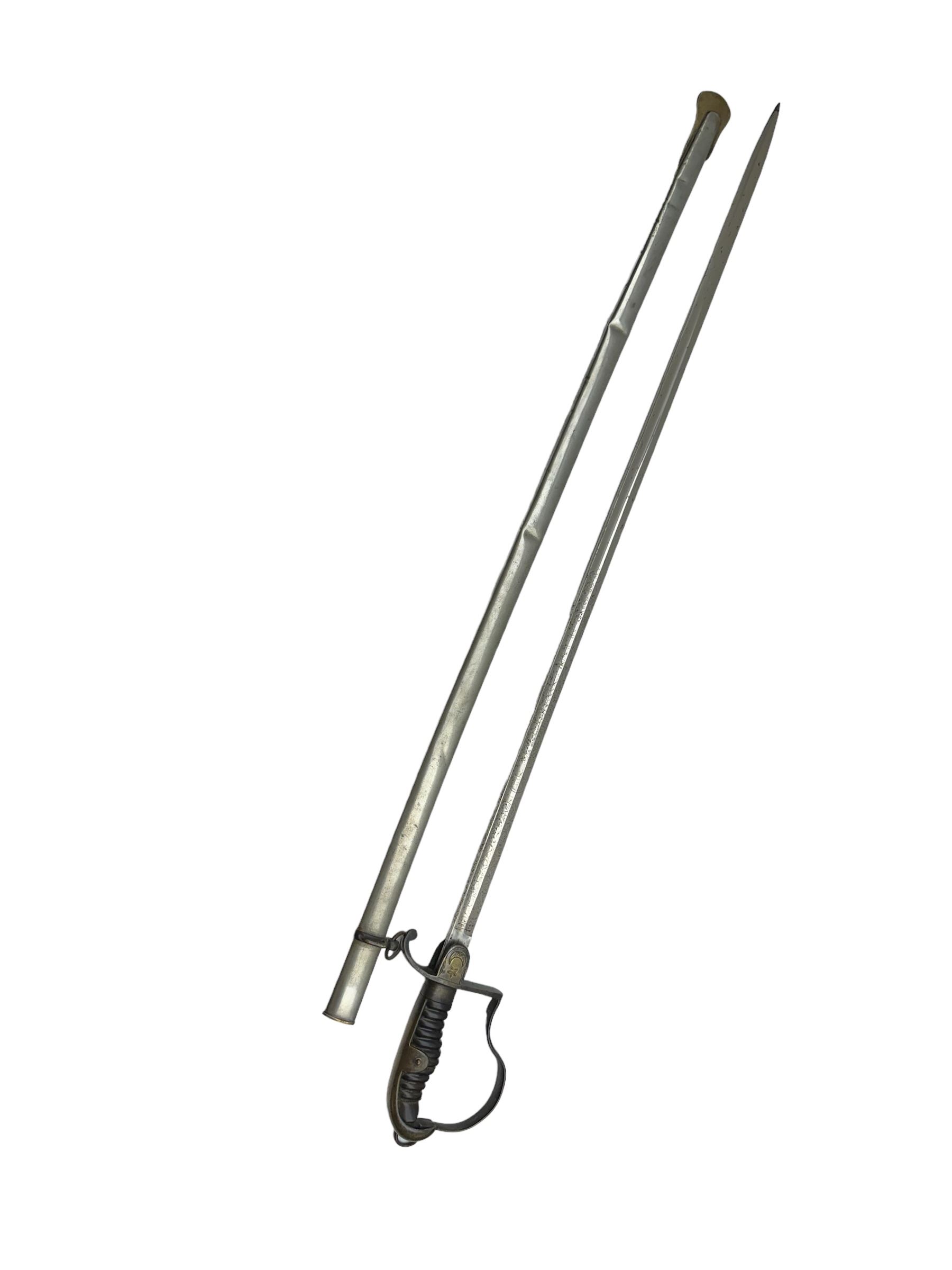 Ottoman/Turkish WW1 Period Infantry Officer's Short Sword,  the single edge fullered steel blade etched with a martial trophy, star and crescent, L73cm, the rib etched Vahram Tagirian, with steel scabbard, L87cm