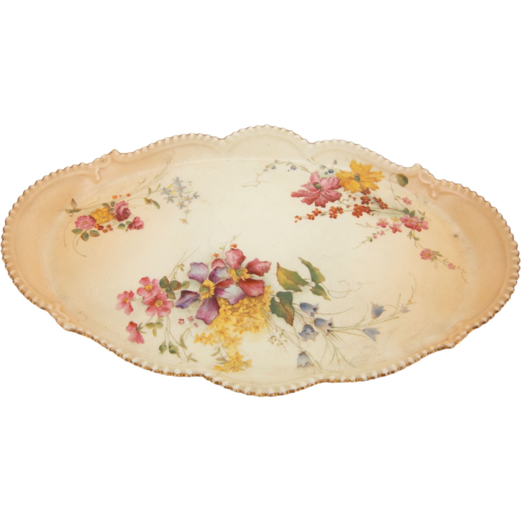 Royal Worcester blush ivory dressing table set, decorated with flowers, comprising an oval tray, three covered pots and a pair of candlesticks 