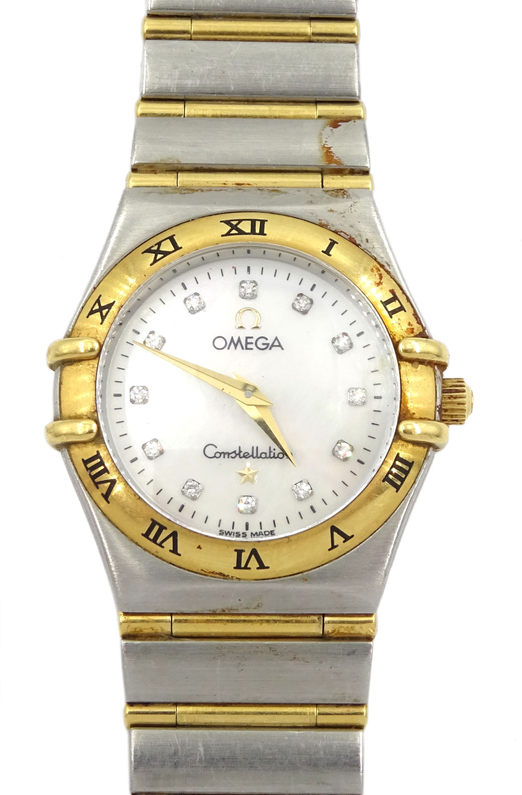 Omega constellation ladies gold and stainless steel quartz bracelet wristwatch, serial No. 57840568, mother of pearl and diamond dot dial boxed