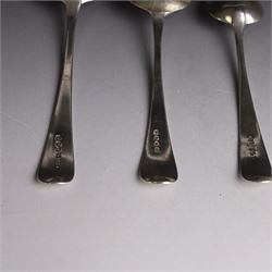 Three George III silver Old English pattern spoons, comprising table spoon with engraved monogram to terminal, hallmarked Thomas Wilkes Barker, London 1806, another table spoon hallmarked London 1806, and a Scottish silver dessert spoon hallmarked James Orr, Edinburgh 1805