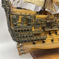 Large kit built scale model of 17th century Royal Navy warship 'HMS Sovereign of the Seas', upon wooden stand with engraved name plaque, H91cm, W111cm