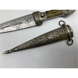 Caucasian qama or kindjal dagger, the 15cm pointed double edged blade with centre fuller and two-piece horn grip;  in nickel plated scabbard with panels of figures and script L28.5cm overall; and eastern knife with 20.5cm curving blade and decorative horn grip; in leather covered scabbard (2)