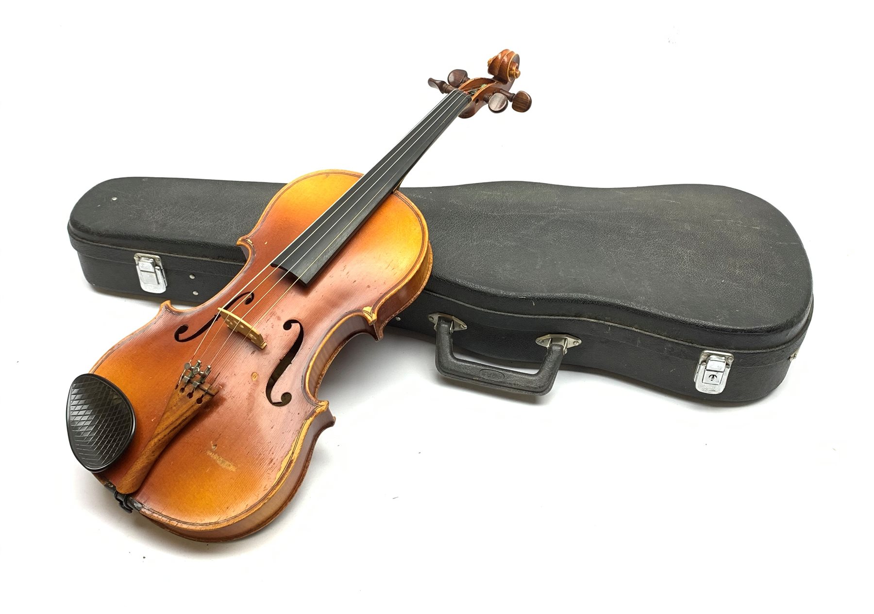  Maidstone School violin c1930 with 36cm two-piece maple back and spruce top, bears label 'The Maidstone School Orchestra Association 463 Oxford Street London Made in Czechoslovakia', L59cm overall, in carrying case  