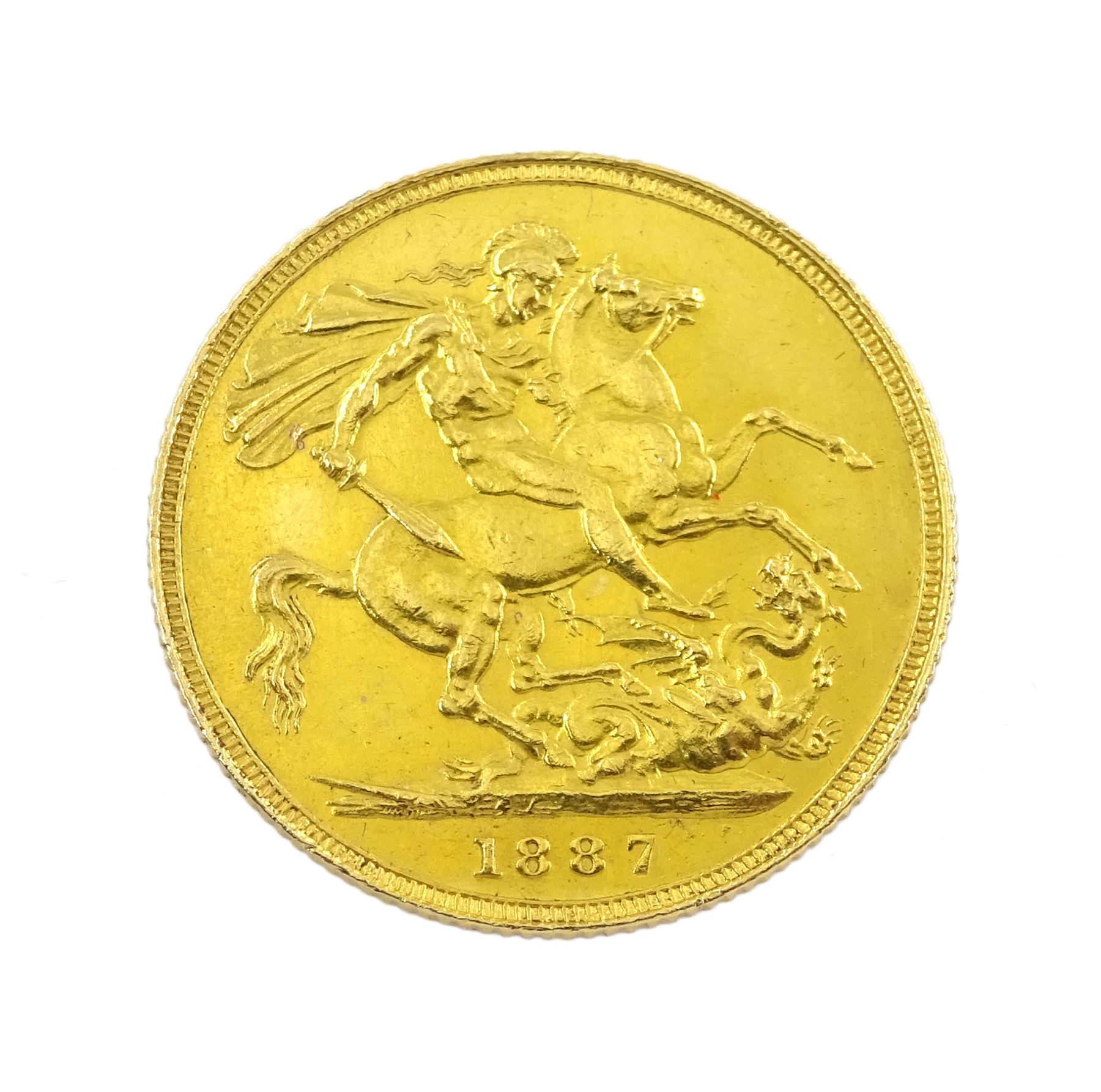 Queen Victoria 1887 specimen coin set, comprising gold half sovereign, sovereign, two pounds and five pounds, silver threepence, sixpence, shilling, florin, halfcrown, double florin and crown, housed in purple velvet case
