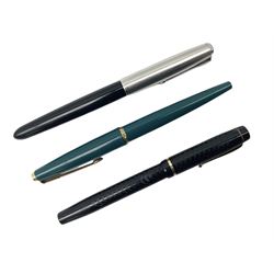 Three fountain pens, comprising two Parker examples with recessed nibs, and another Vintage example, the case marked Parker, the nib marked Mabie Todd & Co