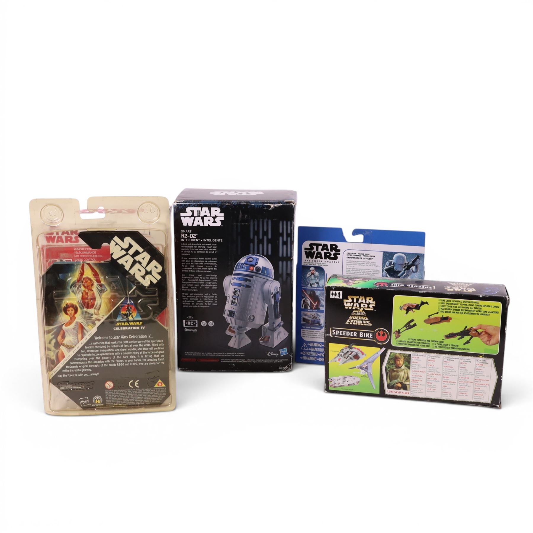 Hasbro Star Wars Remote Control BB-8 and a Smart R2-D2, together with a Hasbro Disney Star Wars The Force Awakens First Order Snowtrooper Officer Snap Wexley figures, Kenner Speeder Bike and R McQuarrie Signature Series Concept R2-D2 and C-3P0 figures, all boxed or carded
