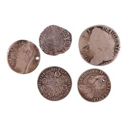 Henry VII silver half groat coin, York mint, William III silver sixpence, George II 1745 s...