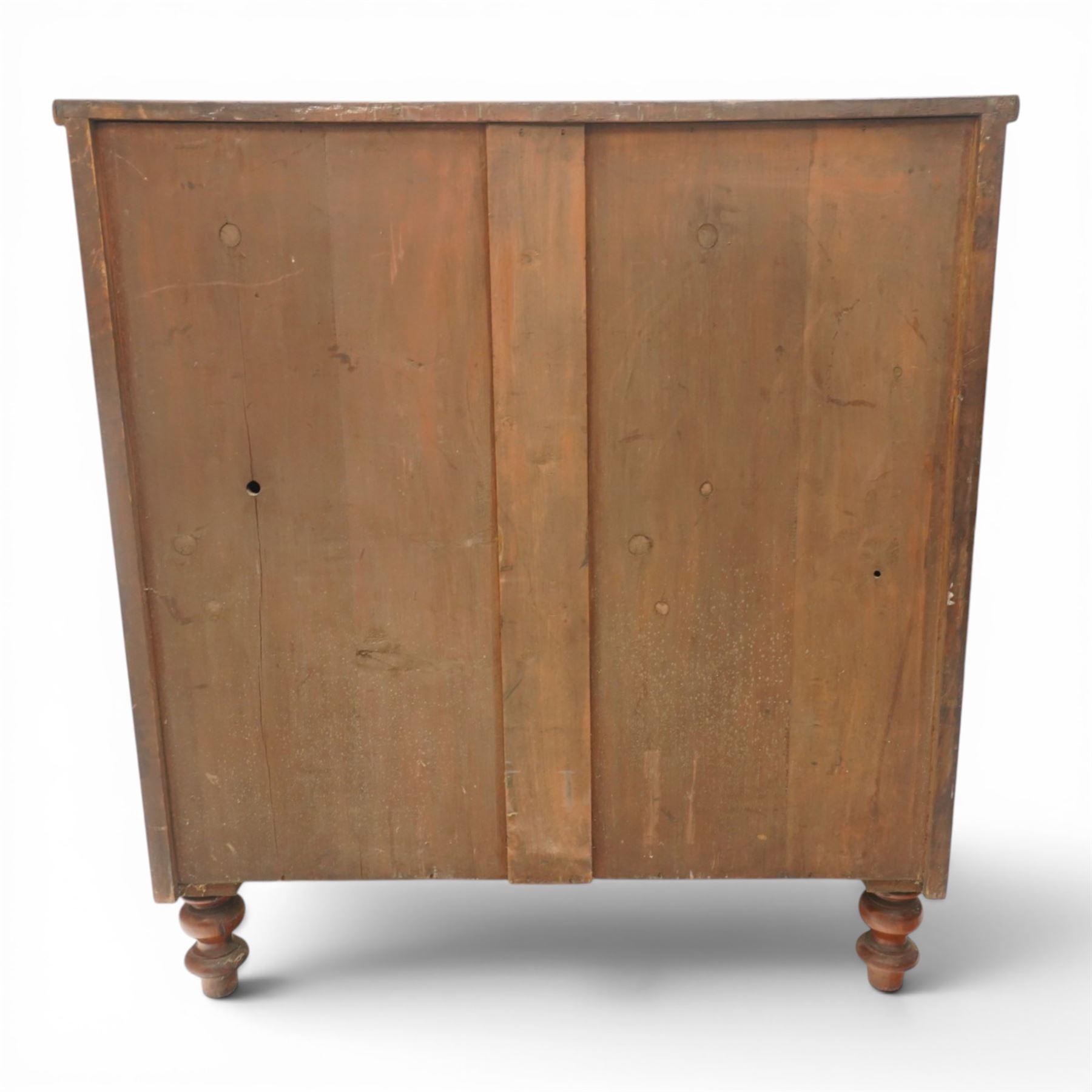 Victorian mahogany bowfront chest, with mahogany veneered drawers two over three drawers, turned handles with mother of pearl centres, raised on turned supports