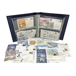 First Day Covers - approx. one hundred flying related and other military FDCs 1970s-2000s, mainly WW2 interest and bearing signatures; British, Channel Islands, Continental, Australia etc; signatures include Vera Lynn, J.H. Lacey, 'Johnnie' Johnson, Barnes Wallis, Bill Reid VC, various other gallantry medal winners, Dam Busters, Battle of Britain, Terence Otway, Leonard Cheshire, Stanford Tuck etc; loose and in a Benham album