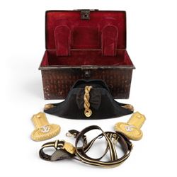 Early 20th century Royal Navy officers full dress bicorn hat, belt and epaulettes, the bic...
