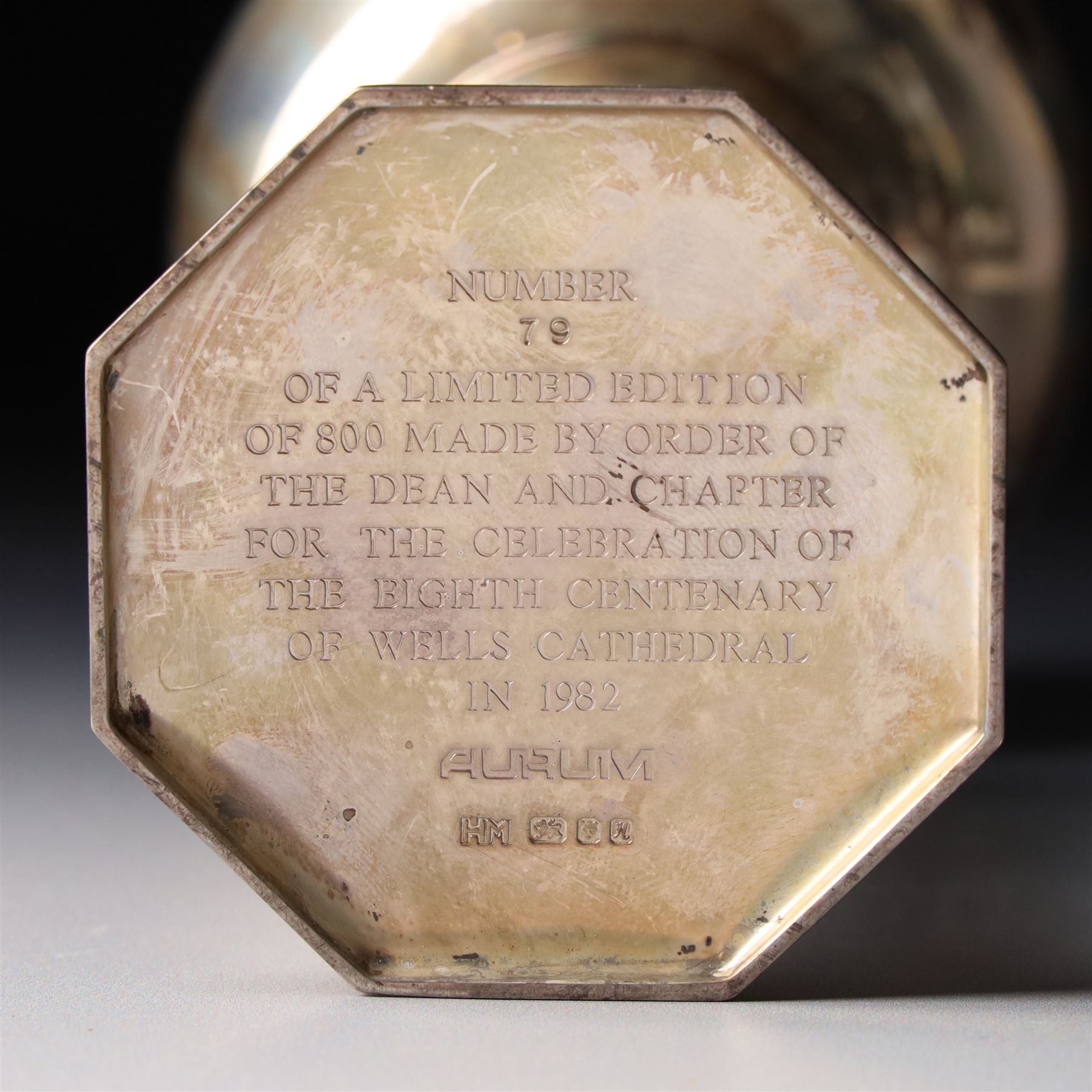 Elizabeth II silver and parcel gilt Wells Cathedral goblet by Hector Mills for Aurum , limited edition commemorating the eighth centenary in 1982, 79/800 with pierced figural stem H17cm
