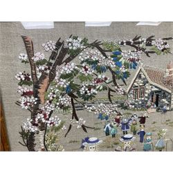 20th century needlework depicting young children in a school yard amongst trees and flowers, in glazed oak frame, W60cm