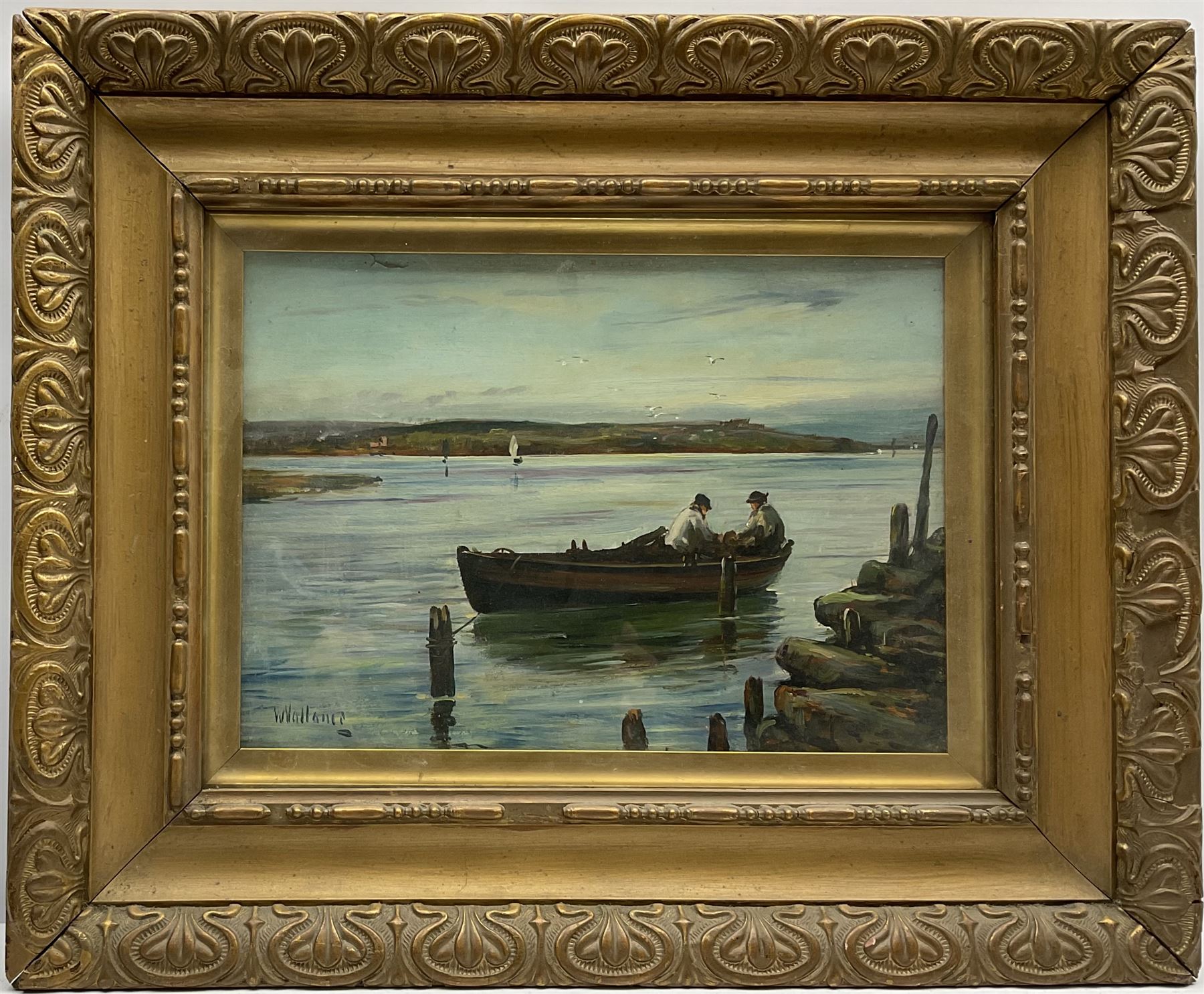 William Fleming Vallance RSA (Scottish 1827-1904): Rowing Boat by the Quayside, oil on board signed 24cm x 34cm