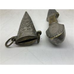 Caucasian qama or kindjal dagger, the 15cm pointed double edged blade with centre fuller and two-piece horn grip;  in nickel plated scabbard with panels of figures and script L28.5cm overall; and eastern knife with 20.5cm curving blade and decorative horn grip; in leather covered scabbard (2)