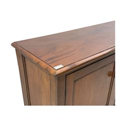Victorian mahogany cupboard, plain rectangular top above two fielded panel doors opening to shelved interior, raised on a moulded plinth base, with later replacement knob handles