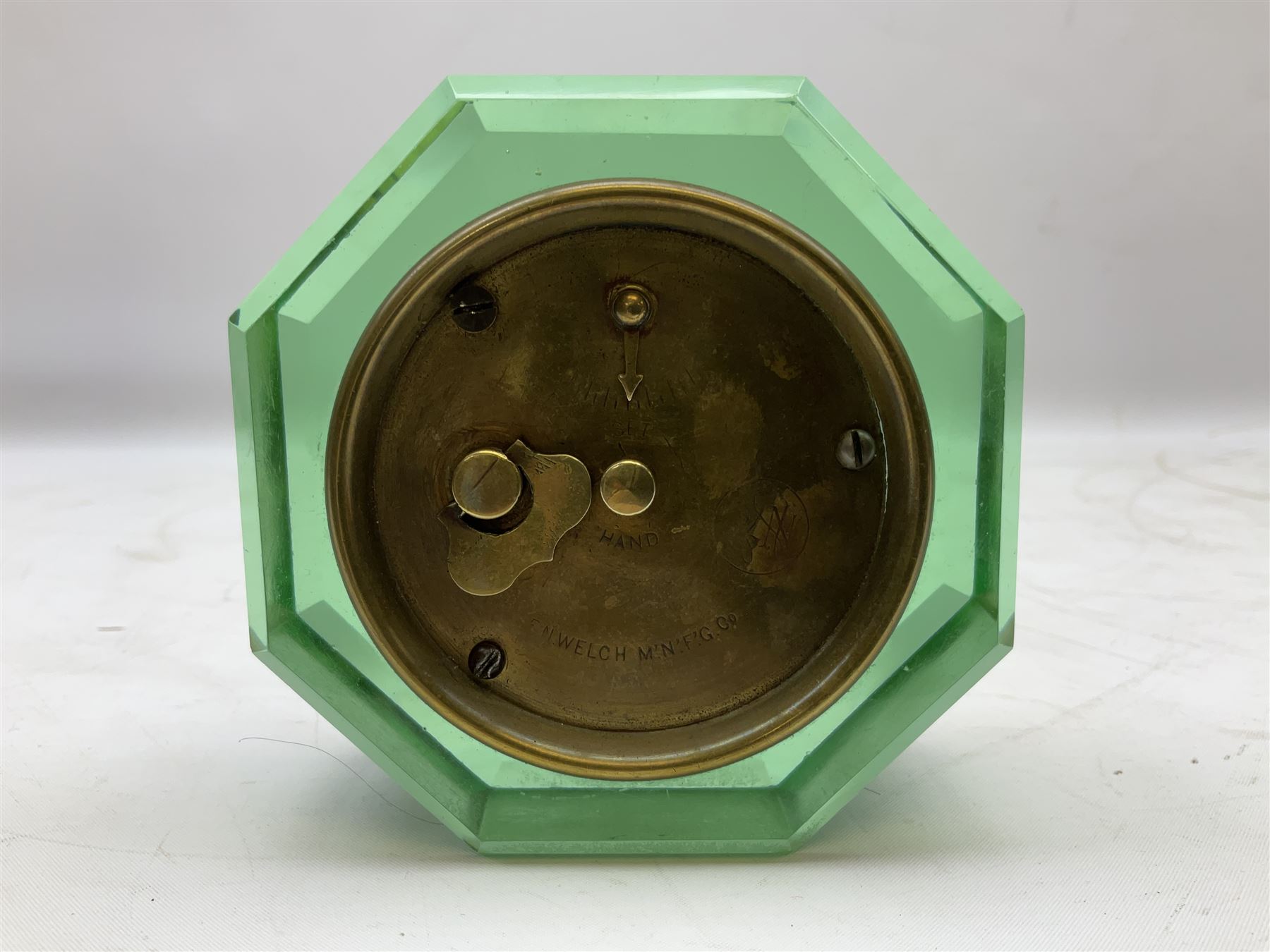 E N Welch art deco style uranium glass clock, H9cm