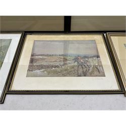 Lionel Edwards (British 1878-1966): pair of hunting prints signed in pencil; After Robert Hugh Buxton (1871-c1965): 'A Check in the Valley' and 'Over Hill and Dale', pair chromolithographs; Samuel Buck (British 1696-1779): 'The South View of Harlsey Castle near Northallerton Yorkshire', engraving; together with two further hunting prints and a Peter Scott print (8)
