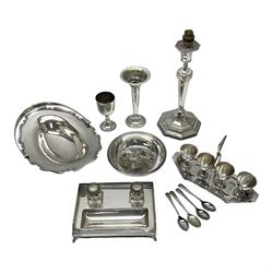 Collection of assorted silver plate, comprising four cup egg cruet, table lamp, bud vase, desk stand etc  