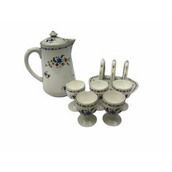 Shelly tea wares decorated in the Chelsea pattern, no 11280, to include toast rack, coffee pot, hot water jug, six cups, fourteen saucers, five egg cups, eleven side plates, etc. 