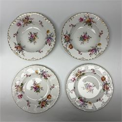 Royal Crown Derby Posies pattern tea service for six, comprising teapot, milk jug, open sucrier, cups and saucers, dessert plates and cake plate, together with matching pattern plates and bowls (28) 