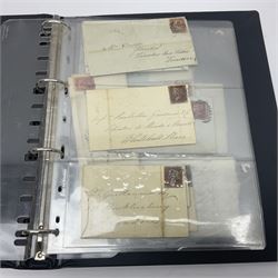 Postal history, including pre-stamp, Queen Victoria imperf penny reds on covers or entires a few with black MX cancels, 1841 two pence blue with white lines added on mourning cover, perf penny red on cover etc, housed in a ring binder folder
