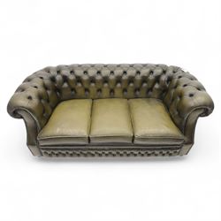 Chesterfield three seat sofa upholstered in green buttoned leather