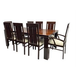 Large American walnut rectangular dining table on square block supports, together with set eight high back dining chairs with cream upholstered seats, the top and chair backs with matching inlaid geometric banding