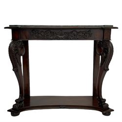 19th century Irish mahogany console table, with green canted marble top and figured frieze with carved scrolled foliage mount, acanthus carved cabriole supports with claw feet and shaped moulded plinth