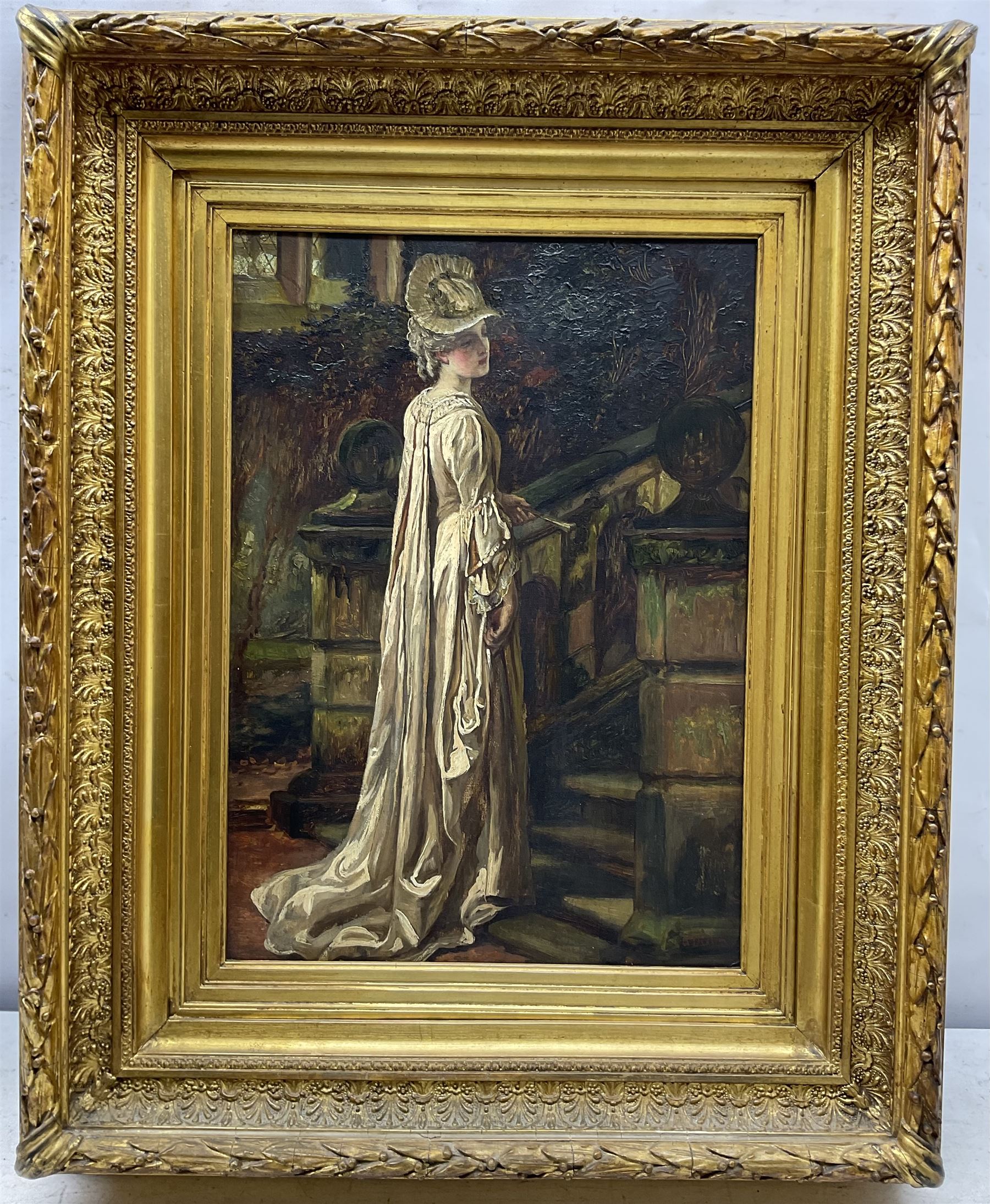 Alfred Dixon (British 1842-1919): 'Lady Jane' - Lady with Fan at the Foot of a Staircase, oil on canvas signed, titled on label verso 42cm x 30cm