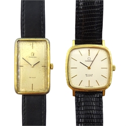  Omega De Ville gentleman's quartz gold-plated wristwatch on leather strap, boxed with papers and one other Omega De Ville manual wind wristwatch  