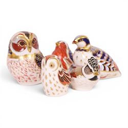 Royal Crown Derby bird paperweights, including Owlet gold stopper, Tawny Owl gold stopper, Gold Crested Tit gold stopper, Red Legged Partridge, etc