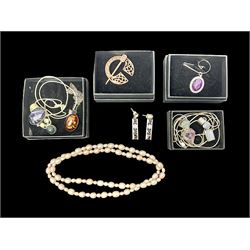 Silver jewellery, including moonstone pendant necklace and amber pendant necklace, string of pink fresh water pearls and costume jewellery
