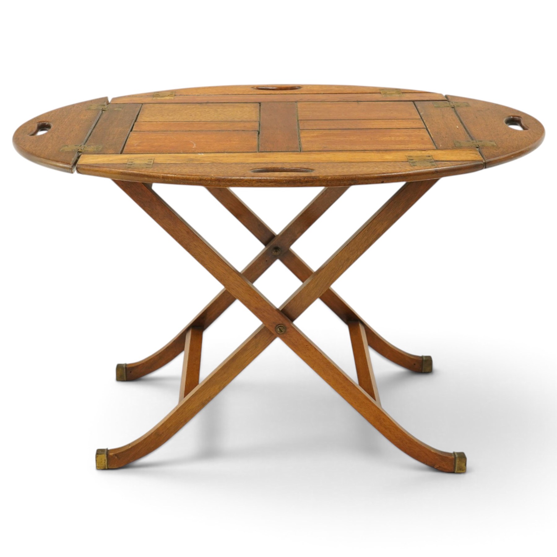 Georgian design mahogany butlers tray on stand, hinged tray-top with pieced handles over folding campaign stand