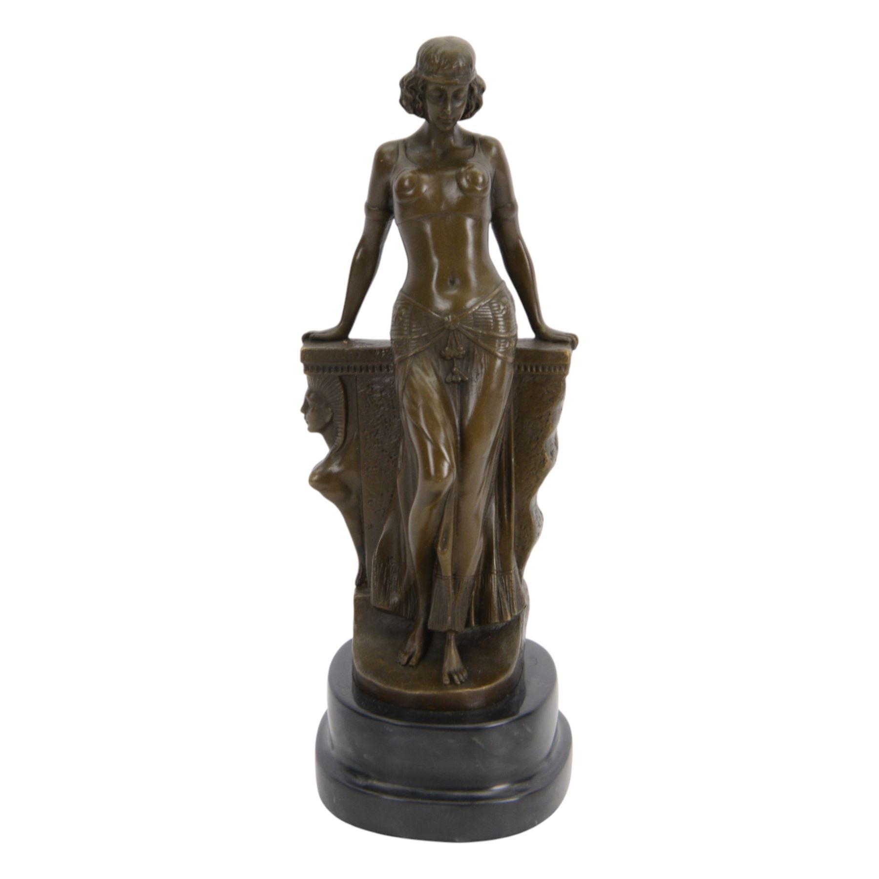 After Milo; Egyptian lady leaning on a wall with sphinx carving, upon a stepped oval base H25cm