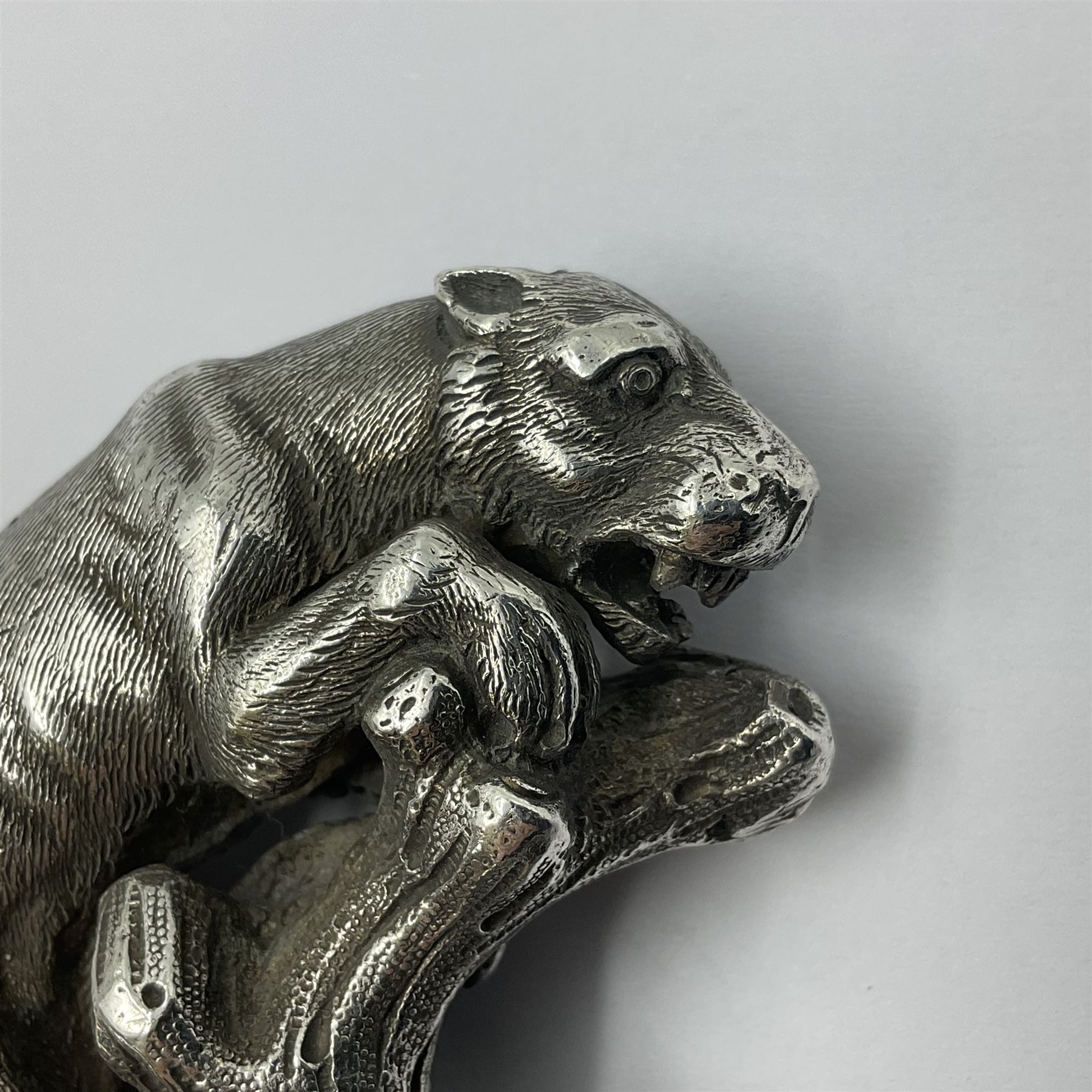 Victorian silver walking cane handle, modelled as a panther upon a tree branch, hallmarked London 1851, maker's mark worn and indistict