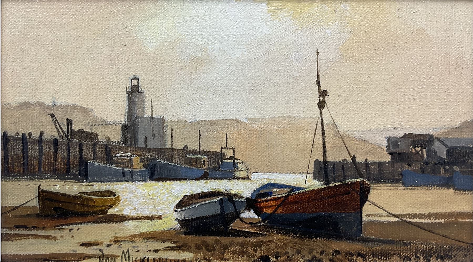 Don Micklethwaite (British 1936-): Scarborough Inner Harbour, oil on board signed 12cm x 21cm