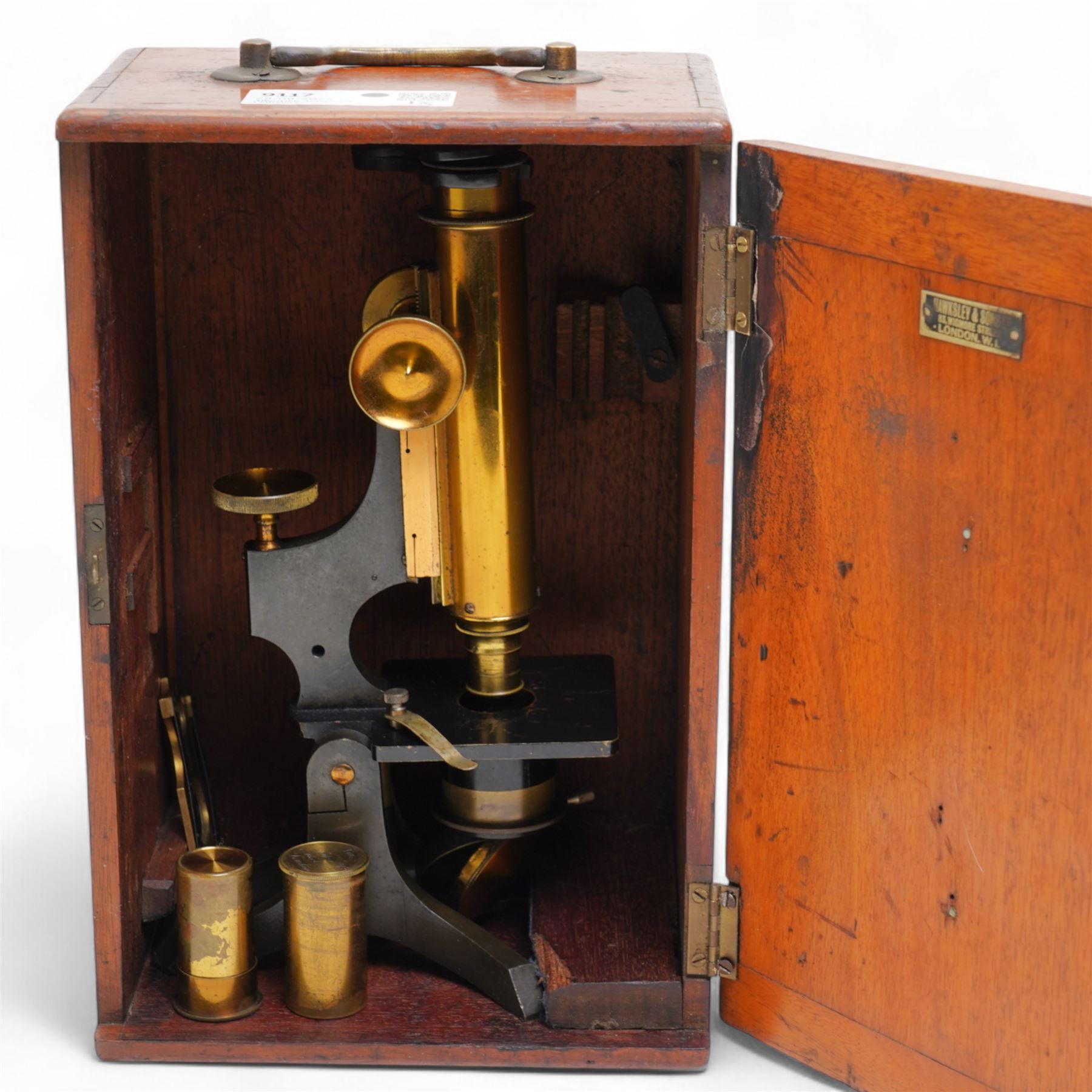 19C Brass Microscope by Watson & Sons, London in a fitted Mahogany case and five glass Chemist bottles