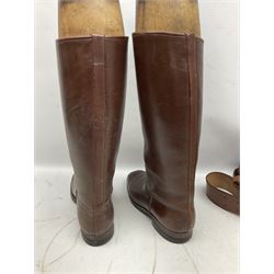Pair of WW1 style Army Officer's brown leather full leg riding boots with Alkit four-piece wooden boot trees; and two officer's Sam Browne leather belts with cross-straps, one with sword frog (4)