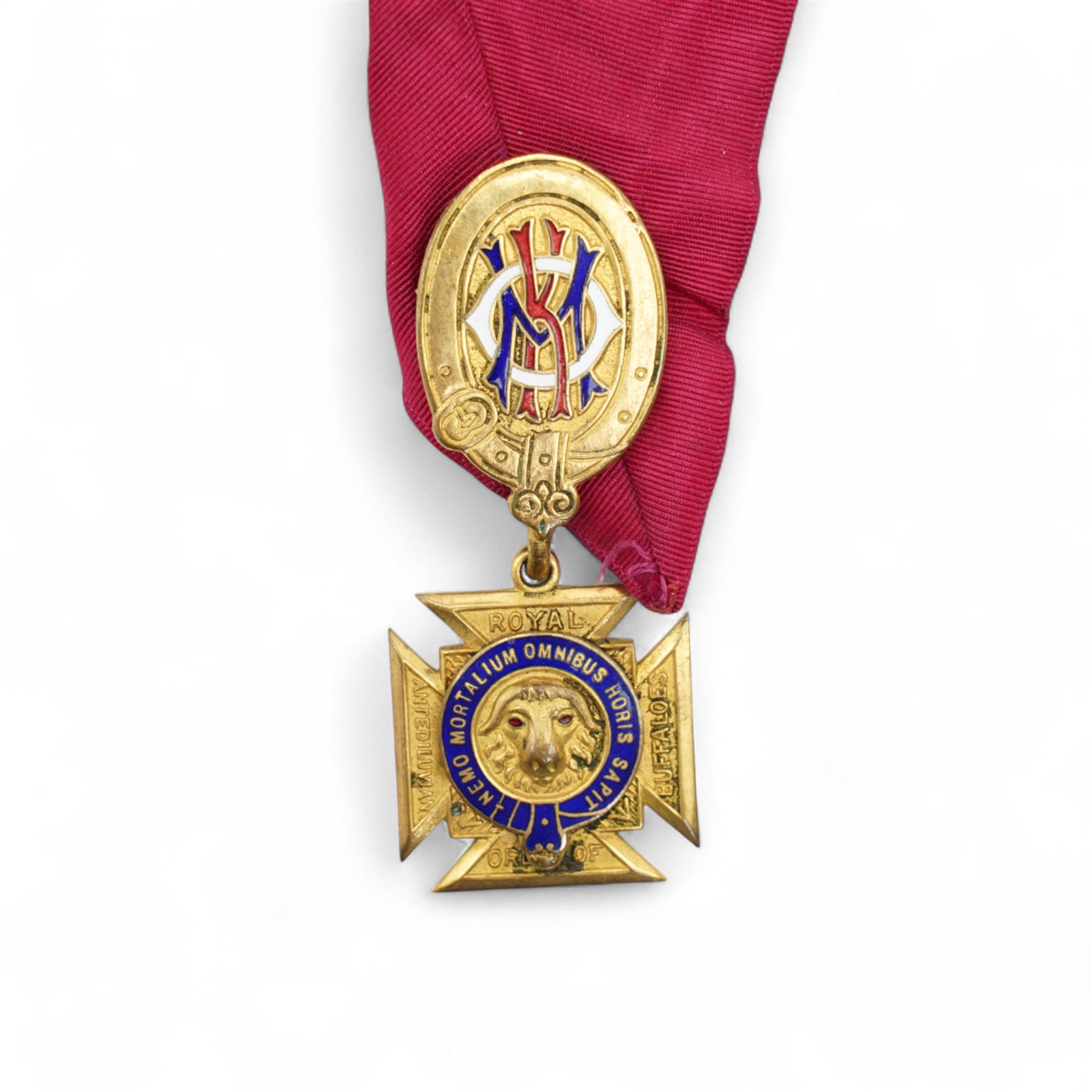 Bro. David Miles - Royal Antediluvian Order of Buffaloes - 9ct gold and enamel Order of Merit and Honour of Knighthood , Templenewsam Lodge, 1938, two silver jewels and two other jewels on a silk collar