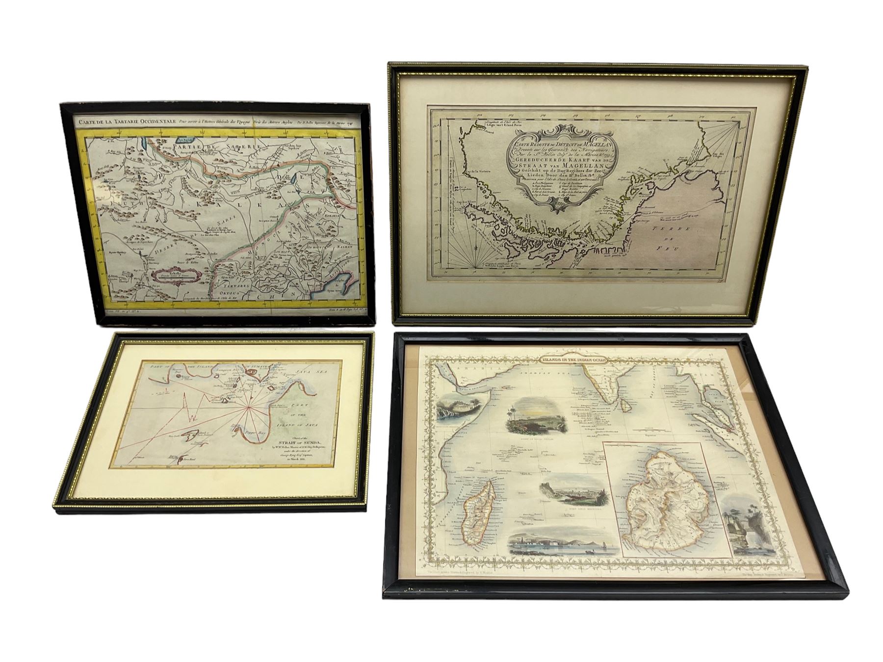 Jacques Nicolas Bellin (French 1703-1772): 'Carte de la Tartarie Occidentale' - Map of Western Tartary, engraved map with hand-colour pub. Abbe Prevost (1697-1763), ‘Histoire Generale des Voyages', Paris c.1749, 23cm x 31cm; 
'Carte Reduite Du Detroit De Magellan' - Reduced Map Of The Strait Of Magellan, engraved map with hand colour pub. 1764, 20cm x 35cm; 
John Rapkin (British 1813-1899): 'Islands in the Indian Ocean', steel engraved map with hand colour, with illustrations by H Winkles, pub. John Tallis (1817-1876), London 1851, 26cm x 34cm; 
'Chart of the Strait of Sunda, by WM Kellar, Master of HM Ship Belliqueux, under the direction of George Byng Esq Captain in March 1811', engraved sea chart with hand colour 13cm x 21cm (4)