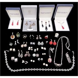 Silver stone set jewellery including pendant and earring sets by Shipton and Co, boxed, five pendants, two necklaces, two rings and twenty one pairs of earrings