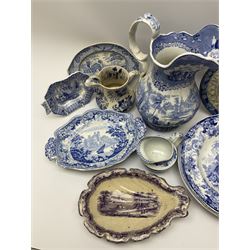 A group of 19th century blue and white transfer printed pottery, to include a John & Richard Riley Union Border series dish, a John Meir and Son dish decorated with a view from the Northern Scenery Series, a Minton Genevese pattern dish, a Country Church pattern plate possibly Cornfoot, Colville & Co, an Andalusia pattern jug, etc., plus a puce transfer printed desert dish decorated with a pastoral landscape with plough, L24cm. (14). 