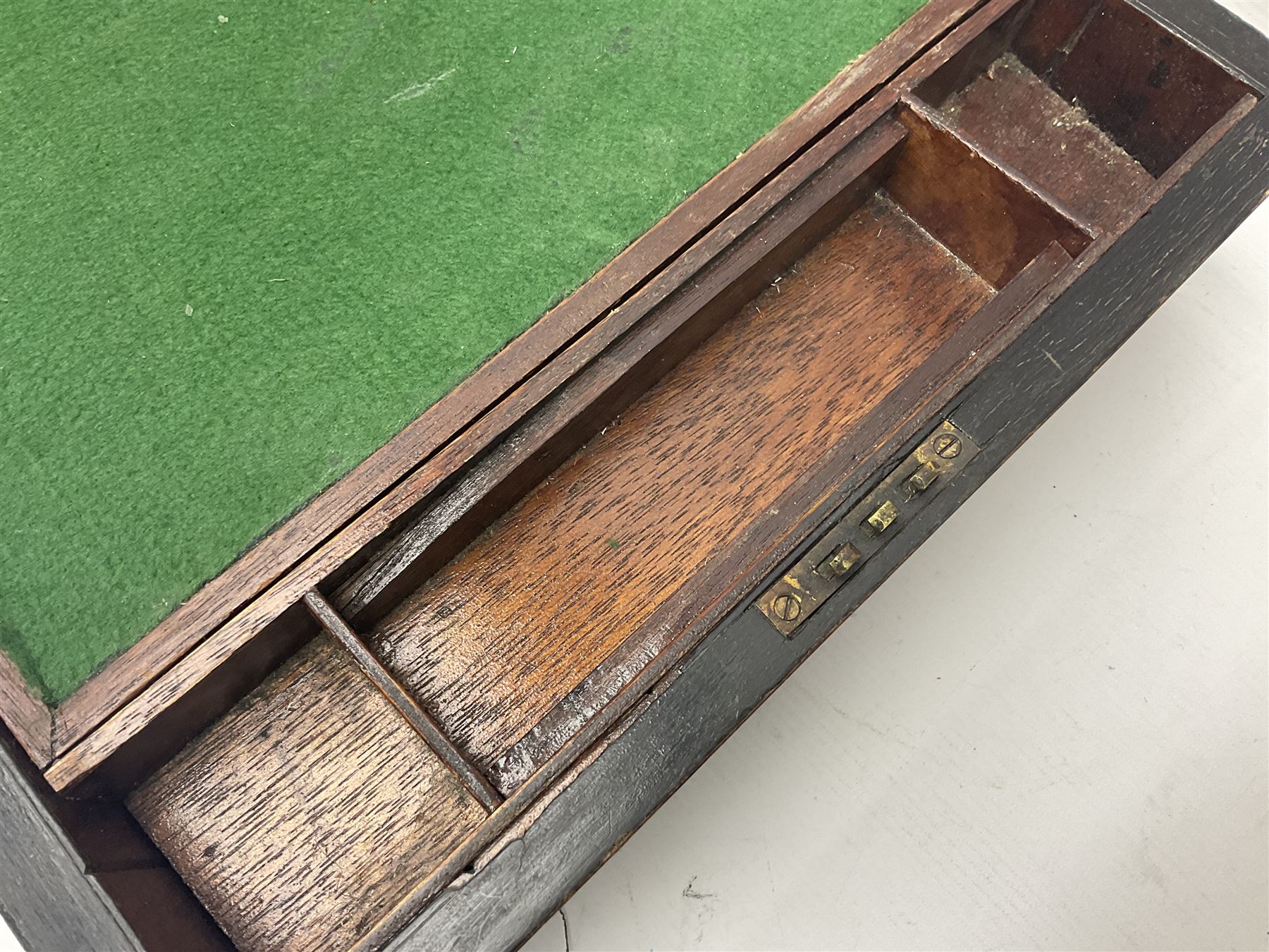 Victorian walnut and parquetry banded work box with brass shield and escutcheon, L30cm, together with mahogany writing slope with green baize writing surface, L35cm