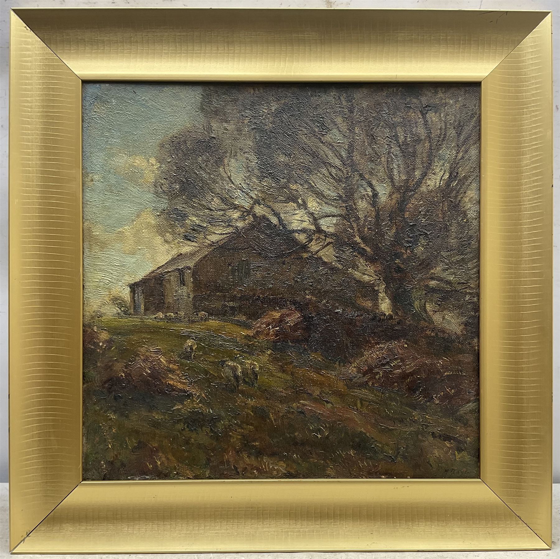 Herbert F Royle (British 1870-1958): Hilltop Barn with Sheep Grazing, oil on canvas signed 45cm x 45cm