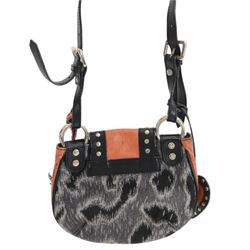 Vivienne Westwood shoulder handbag, the canvas body with black and grey animal print design, with tan and black leather studded borders, shoulder strap and heart charm, the clasp and buttons with Vivienne Westwood logo, with single slip pocket to the interior, with Vivienne Westwood dust bag, H16cm, W23cm