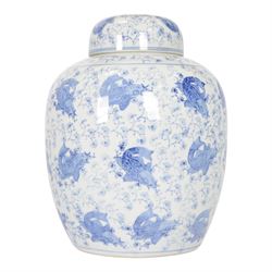 Blue and white ginger jar, decorated in a repetitive pattern of fish swimming amongst dense clusters of aquatic foliage, H40cm